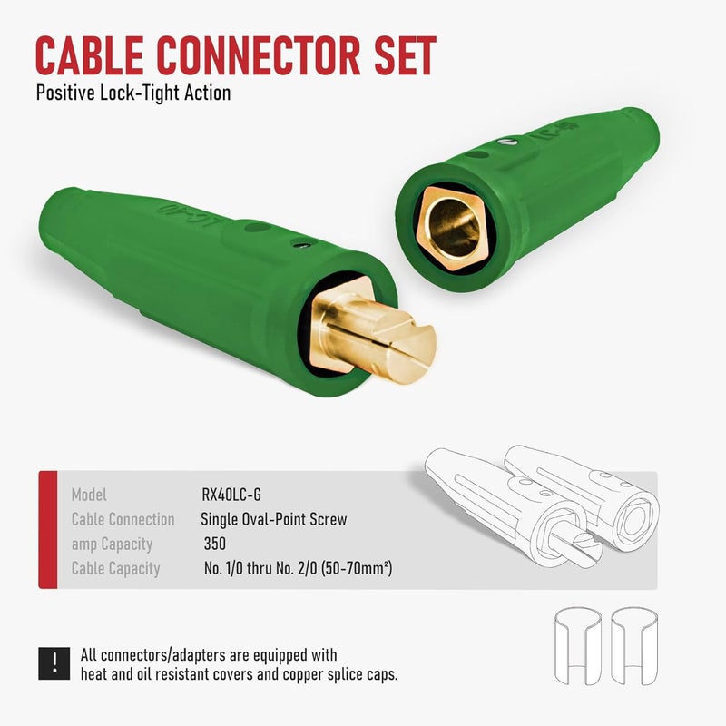 RX WELD LC40 Cable Connector Set, Includes Black Male and Female for Cable Capacity: 1/0 thru 2/0 (50-70mm²)-Green - Image 2
